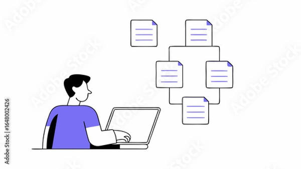 Obraz Person working on a laptop, connected to multiple documents.
