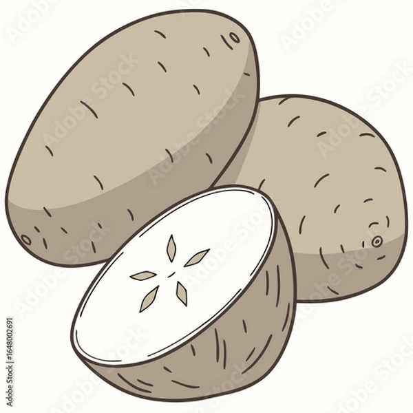 Obraz Three potatoes, one halved, showing the inside.
