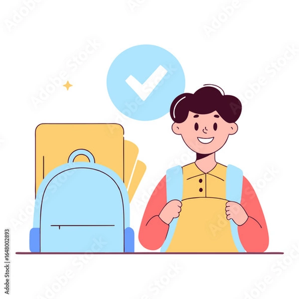 Obraz Smiling boy with backpack, ready for school.
