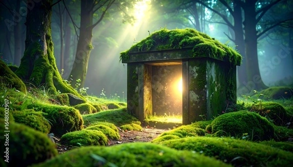 Fototapeta Moss Covered Stone Structure in Forest with Light Shining Through