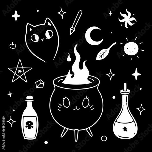 Obraz Cute cauldron with mystical elements, black and white.

