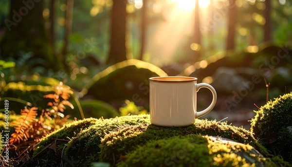 Fototapeta Mug on Moss in Forest with Sunlight Streaming Through Trees