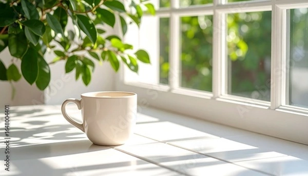 Fototapeta Mug on Table Near Window with Sunlight and Green Plant