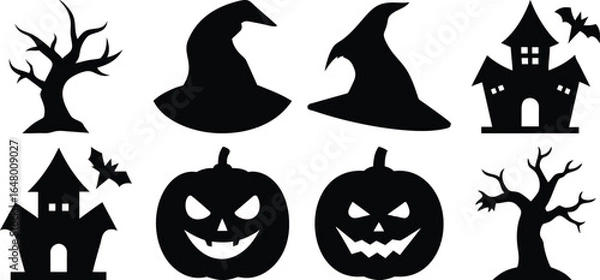 Obraz Vector art of halloween icons silhouette set isolated on transparent background