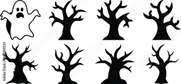 Obraz Vector art of ghost and spooky bare trees silhouette icons for halloween isolated on transparent background
