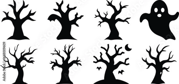 Obraz Vector art of spooky bare trees and ghost silhouette icons for halloween isolated on transparent background
