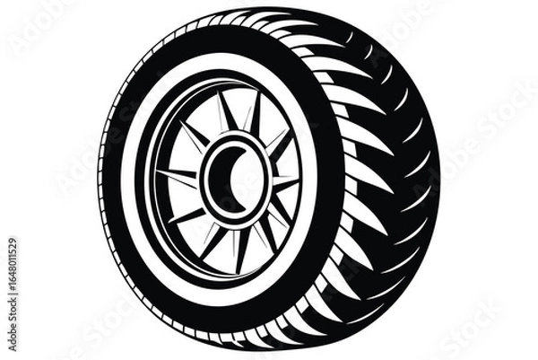 Fototapeta Black and White Graphic of Automotive Tire with Rim and Tread Pattern