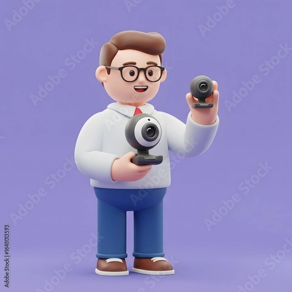 Fototapeta Smiling 3D character enthusiastically displays modern webcams, ideal for enhancing video calls, live streaming, and remote work technology solutions