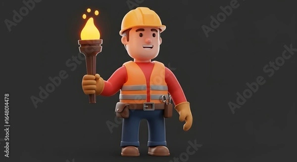 Fototapeta Industrial worker mascot with a torch symbolizes guidance, discovery, and leadership in construction projects