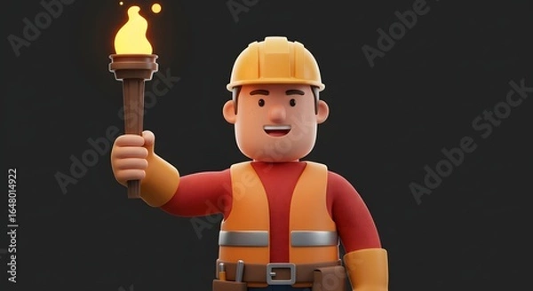 Fototapeta Illustrated male contractor with a yellow helmet holds a fiery torch, a powerful icon for leading industrial projects and achieving success