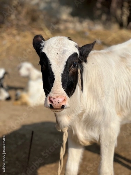 Fototapeta A cute black and white calf stands in a farmyard, looking directly at the camera with interest