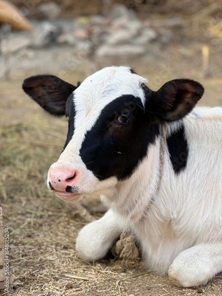 Fototapeta A black and white calf lies down in a farmyard, looking to the side with curiosity