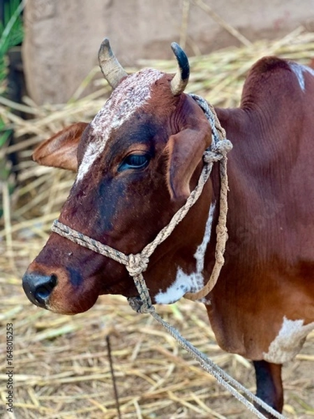Fototapeta A brown and white cow with horns and a rope around its neck in a farm setting