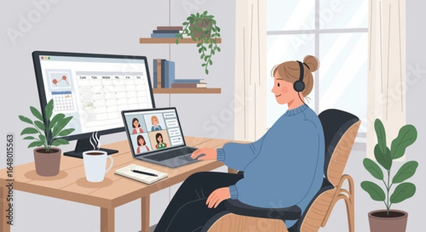 Fototapeta Remote collaboration and personal workspace during pandemic outbreak restrictions