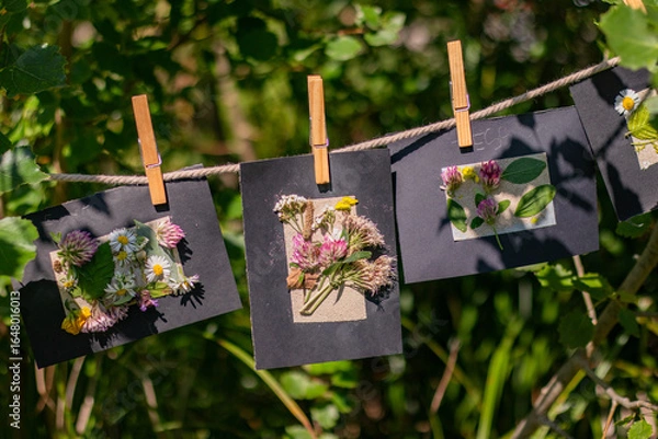 Obraz Nature master class project showcasing pressed flowers displayed on black cards, hanging with wooden clips against a lush green background, highlighting creativity and appreciation for natural beauty
