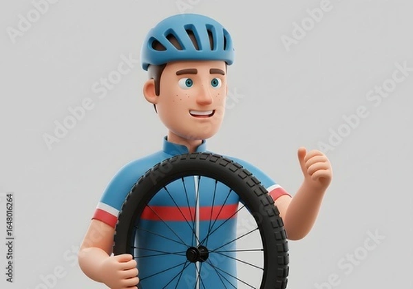 Fototapeta Cyclist holding a bicycle wheel, smiling with helmet, ideal for sports and cycling projects