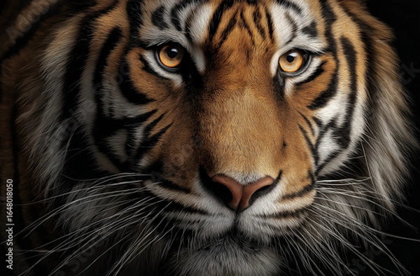 Fototapeta Tiger, portrait photography, side view, white and black  background