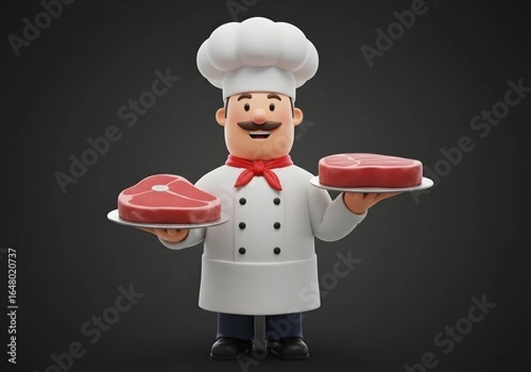 Fototapeta Cheerful 3D rendered cook presenting premium quality raw sirloin and filet mignon steaks for a gourmet barbecue meal