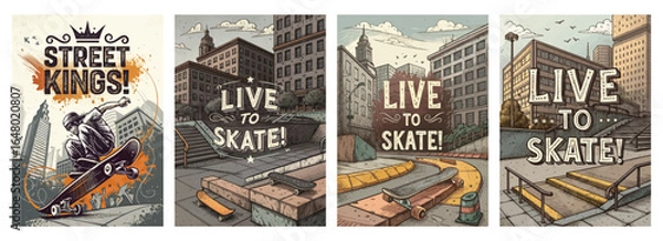 Fototapeta Graphic illustration showcasing urban skateboard culture with vibrant colors and dynamic designs.