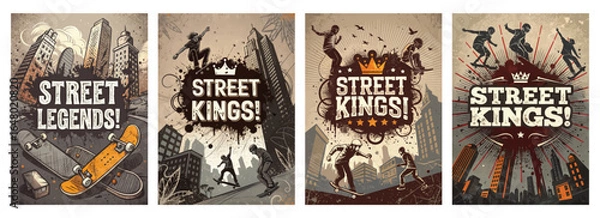 Fototapeta Dynamic street art showcasing skateboarders in an urban setting, exuding an energetic and youthful vibe.