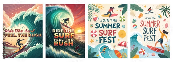 Fototapeta Dynamic summer surfing scenes showcasing vibrant waves, a celebratory atmosphere, and diverse surfers enjoying the thrill.