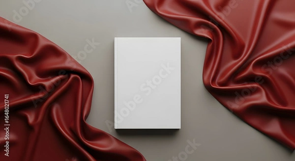 Fototapeta A blank white book cover is centered on a gray surface, framed by draped, luxurious red fabric on either side.