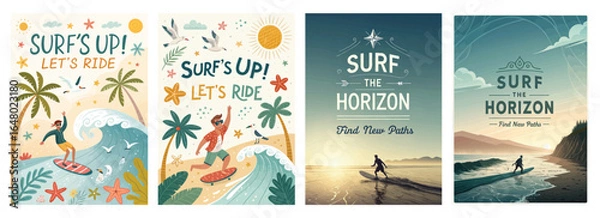 Fototapeta Playful illustrations of surfing with vibrant colors and tropical elements, capturing the thrill of riding waves.