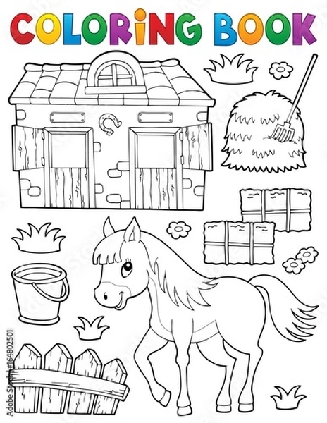 Fototapeta Coloring book horse and related objects