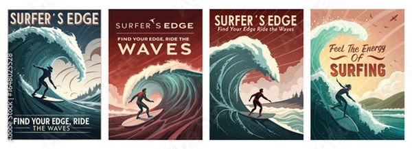 Fototapeta A vibrant surfing scene with a male surfer riding a large wave, capturing the thrill of ocean adventures.