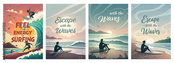 Fototapeta A vibrant series of surfing-themed illustrations capturing the essence of adventure and tranquility on the ocean.