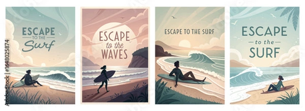 Fototapeta A tranquil beach scene featuring surfers enjoying the waves and the serene sunset in pastel tones.