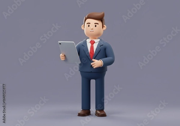Fototapeta A 3D rendered cartoon character of a young businessman in a suit using a digital tablet for work, isolated on a solid background