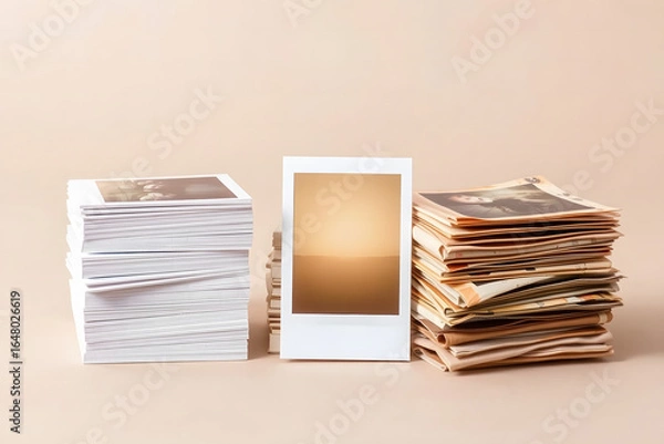Fototapeta Three stacks of photos and an instant print on beige background