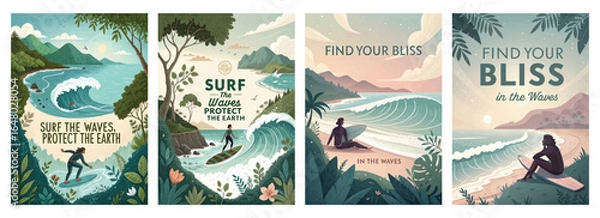Fototapeta A serene collection of surfing illustrations promoting ocean conservation, suitable for all ages.