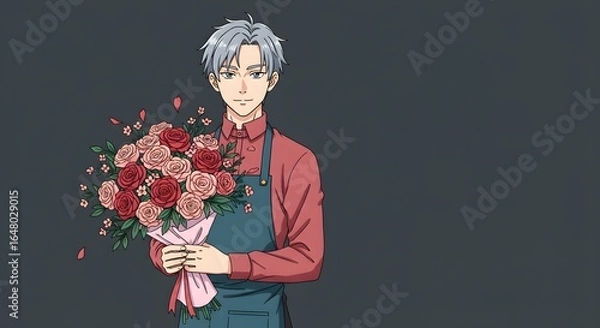 Fototapeta Charming anime-style silver-haired florist holding a romantic bouquet of vibrant red and pink roses, perfect for expressing love and affection on special occasions