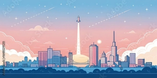Obraz Rocket Launching Over Pastel Cityscape, space , startup