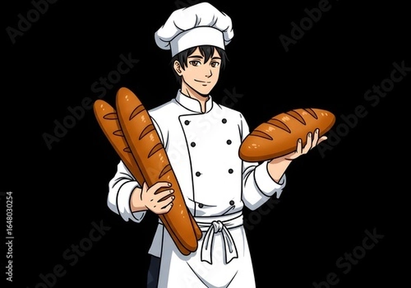 Fototapeta A smiling baker in a chef's hat and uniform proudly holds three freshly baked baguettes, showcasing his culinary expertise
