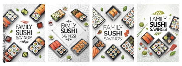 Fototapeta Vibrant sushi assortment showcasing various rolls and sashimi; perfect for families looking for savings.