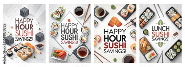Fototapeta Vibrant sushi promotions featuring assorted sushi dishes and colorful accompaniments.