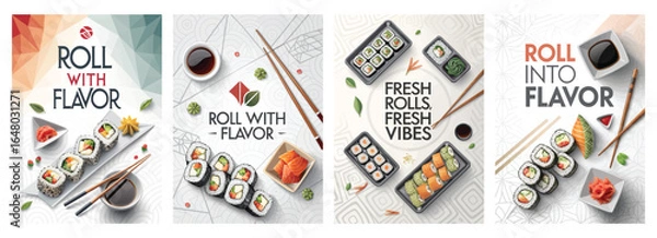 Fototapeta Sushi assortment featuring various rolls, sauces, and chopsticks, showcasing vibrant colors and fresh ingredients.