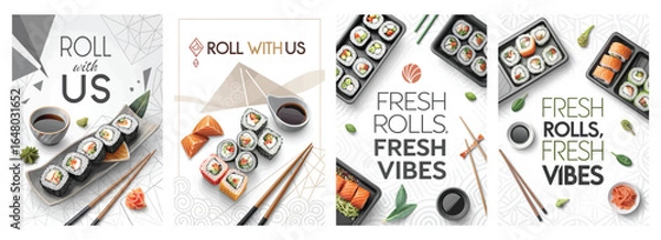 Fototapeta Delicious sushi rolls served with dipping sauce, perfectly arranged for a vibrant dining experience.
