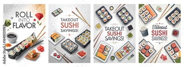Fototapeta Colorful sushi takeout menu showcasing various sushi rolls and platters with chopsticks.