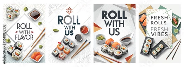 Fototapeta Colorful sushi presentation featuring assorted rolls, fresh ingredients, and enticing condiments.
