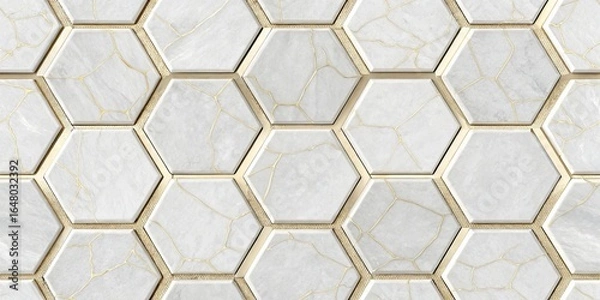 Fototapeta White Marble Hexagon Tiles with Gold Veins and Trim, Texture ,Kintsugi