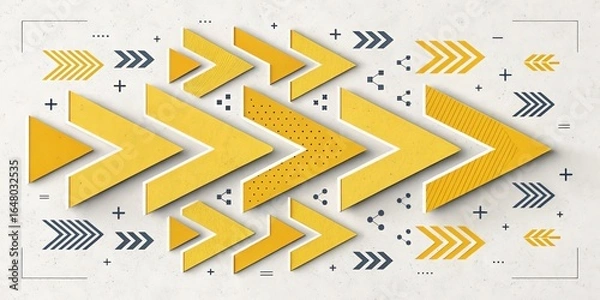 Fototapeta Yellow Arrows Pattern with Graphic Elements on White Textured Background, Direction , Abstract