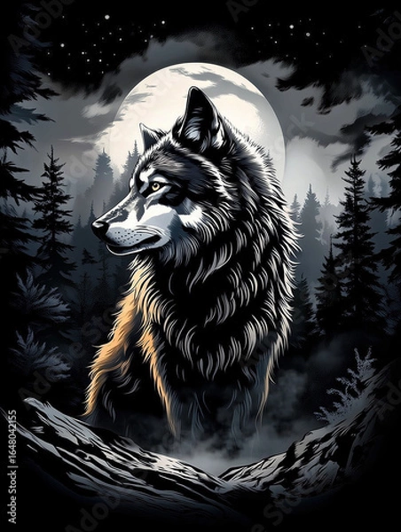 Fototapeta Majestic Wolf Head in Moonlit Forest Under Starry Night Sky and Mountain Forest background vector illustration with color vibrant details
