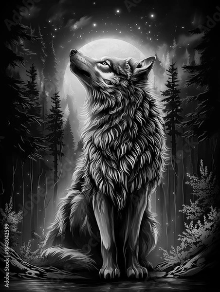 Fototapeta Majestic Wolf Head in Moonlit Forest Under Starry Night Sky and Mountain Forest background vector illustration with color vibrant details