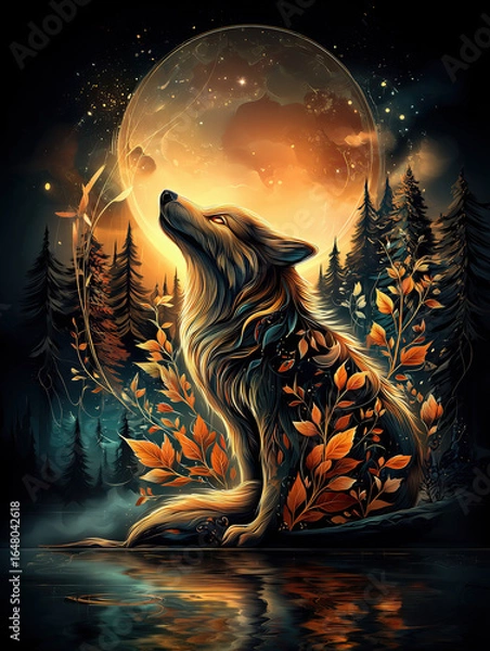 Fototapeta Majestic Wolf Head in Moonlit Forest Under Starry Night Sky and Mountain Forest background vector illustration with color vibrant details