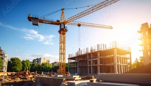 Fototapeta A large tower crane lifts materials at a new apartment building construction site under a clear sky