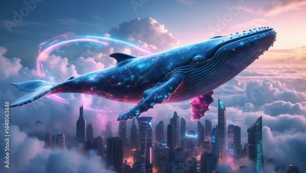 Obraz Surreal flying whale over futuristic city with neon lights and holograms in the clouds.